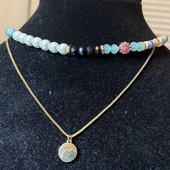 NWT Colorful Beads Layered Gold Coin Chain Necklace - Picture 3 of 3